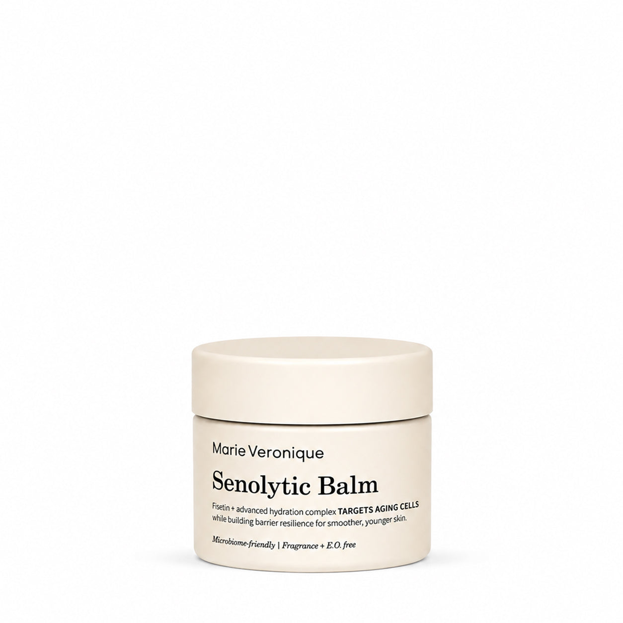 A cream-colored cosmetic jar of Marie Veronique Senolytic Balm, photographed against a seamless white background.