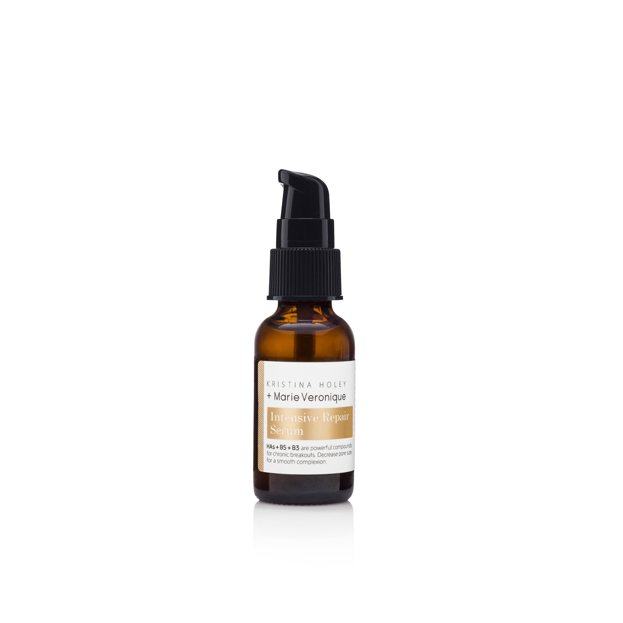 Marie Veronique Intensive Repair Serum 1 oz / 30 ml. HAs+B5+B3 are powerful compounds for chron- ic breakouts. Decrease pore size for a smooth complexion. Microbiome-friendly / Fragrance+Essential Oil free