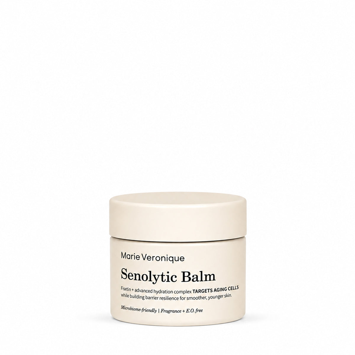 A cream-colored cosmetic jar of Marie Veronique Senolytic Balm, photographed against a seamless white background.